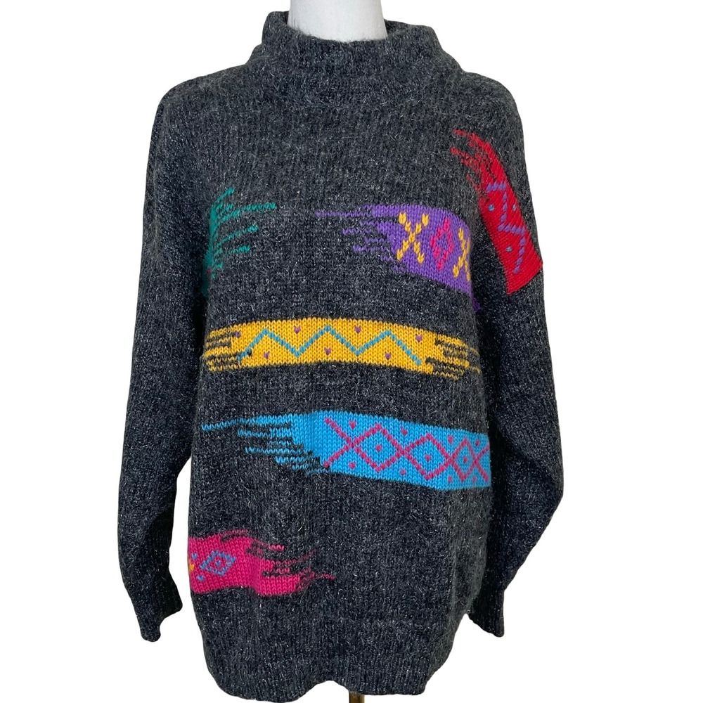 Vintage Femme Moda Mohair Sweater Womens L Gray Abstract Geometric Retro 80s